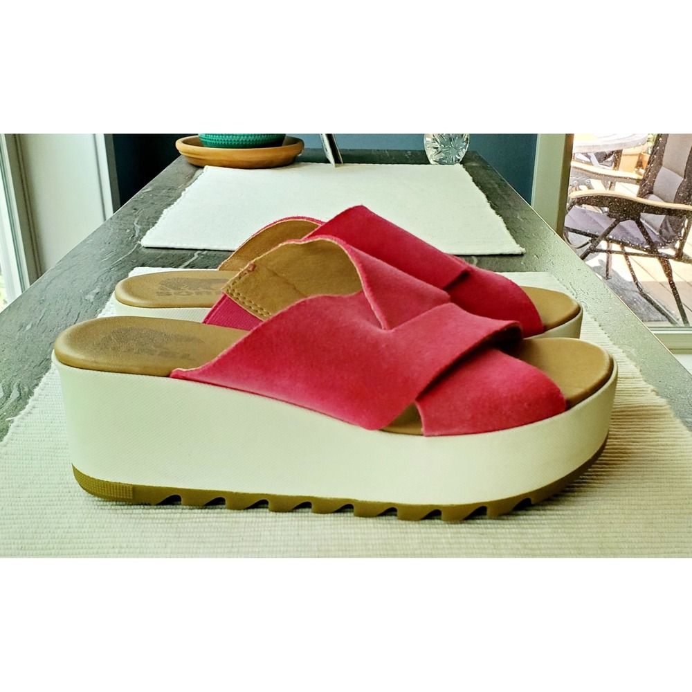 Sorel Cameron Flatform Pink Suede Platform Slide Sandals Womens 6.5 NL4978-650